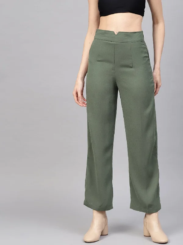 Women's High-Waist Pants-Olive Side Zipper Pant