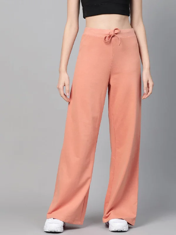 Women's Elastic Cuff Pants-Peach Terry Wide Leg Drawstring Pants