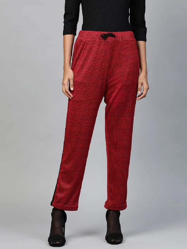 Women's Chic Pants-Red Check Side Tape Jacquard Pants