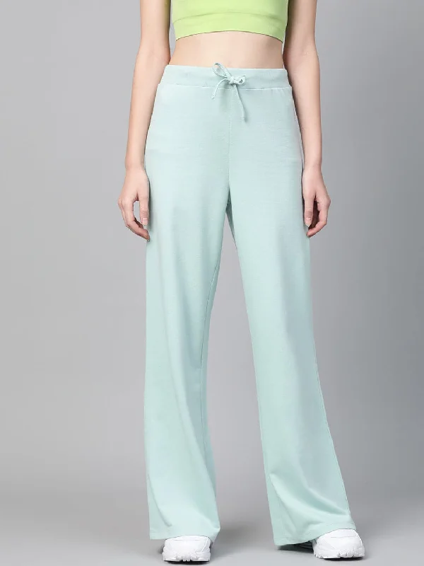 Women's Faded Pants-Sea Green Terry Wide Leg Drawstring Pants