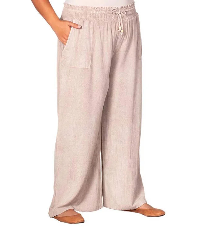 Women's High Rise Pants-Solid Drawstring Cotton Rayon Pants - Plus In Natural