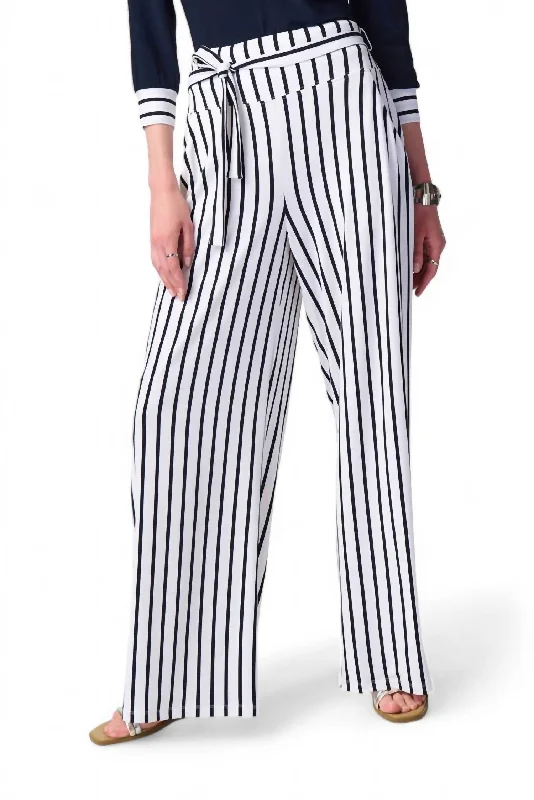 Women's Utility Pants-Striped Silky Knit Wide Leg Pants In Vanilla/midnight Blue