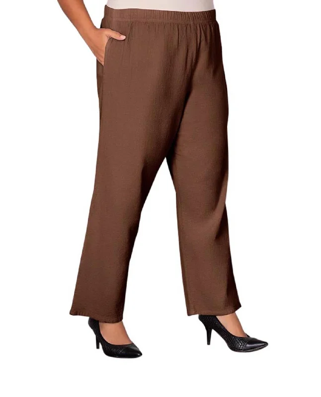 Women's Graphic Print Pants-Wide Leg Crinkle Cotton Pants - Plus In Brown