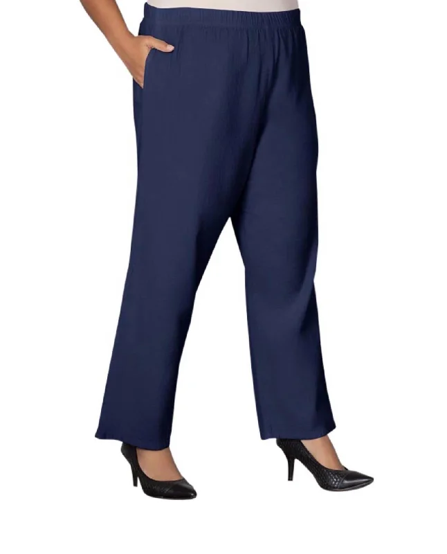 Women's Metallic Pants-Wide Leg Crinkle Cotton Pants - Plus In Navy