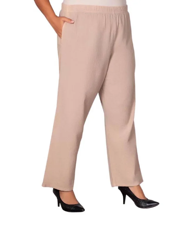 Women's Medium Wash Pants-Wide Leg Crinkle Cotton Pants - Plus In Tan