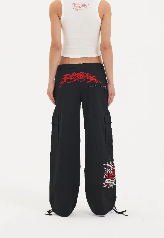 Women's Acid Wash Pants-Womens Hollywood Swallow Cargo Pants Trousers - Black