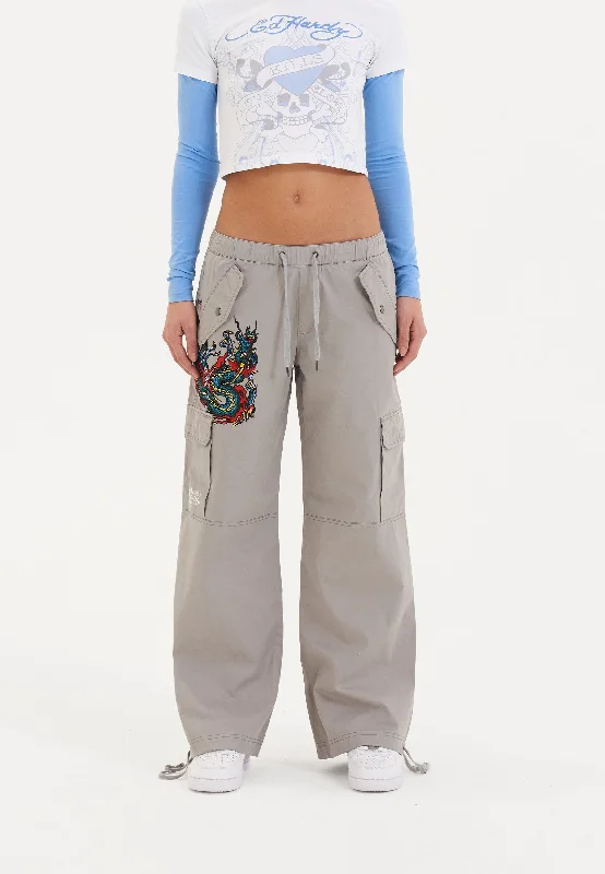 Women's Textured Pants-Womens Twisted Dragon Cargo Pants Trousers - Grey