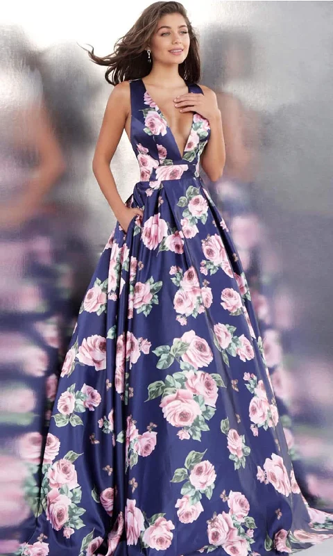 Women's Maroon Evening Gowns-JVN by Jovani - Plunging Blossom Print Ballgown JVN66938ASC - 1 pc Navy/Print In Sizes 0 Available