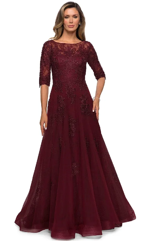 Women's Ruby Evening Gowns-La Femme - 28036 Quarter Length Sleeve Floral Lace A-Line Gown