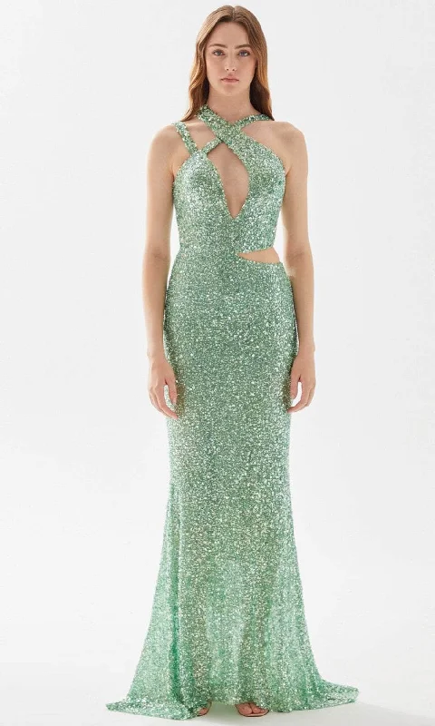 Women's Quartz Evening Gowns-Tarik Ediz 52066 - Halter Neck Sequined Prom Gown